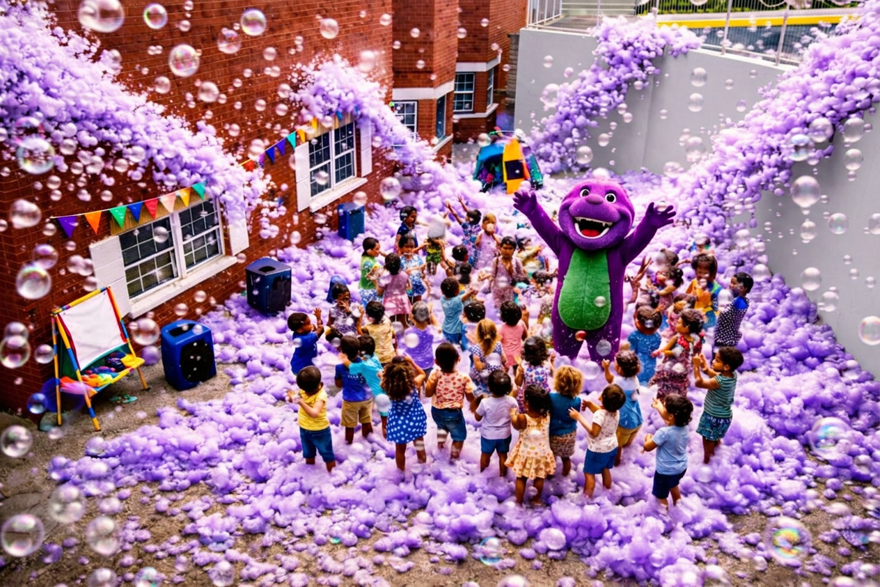 Kids playing in purple foam with a friendly mascot