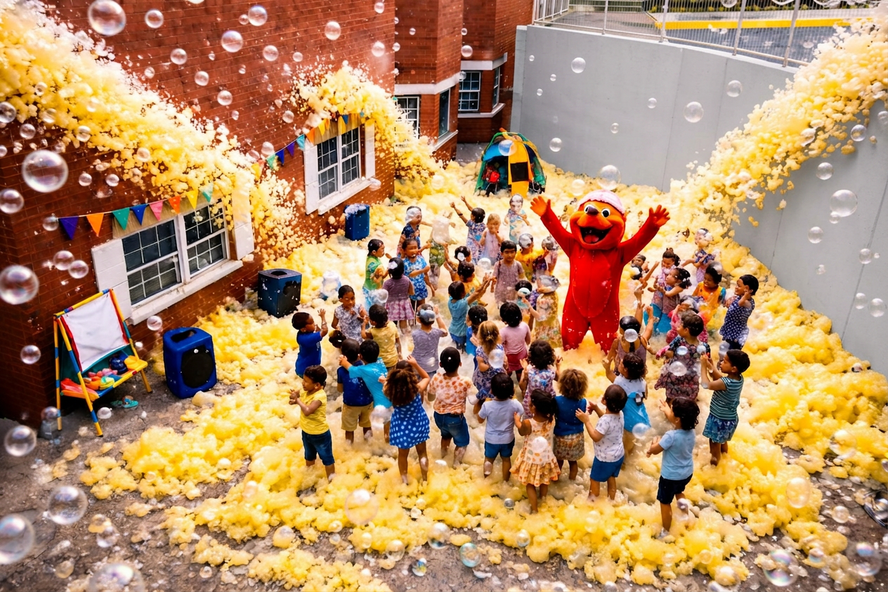 Kids surrounded by bright yellow foam with a red mascot