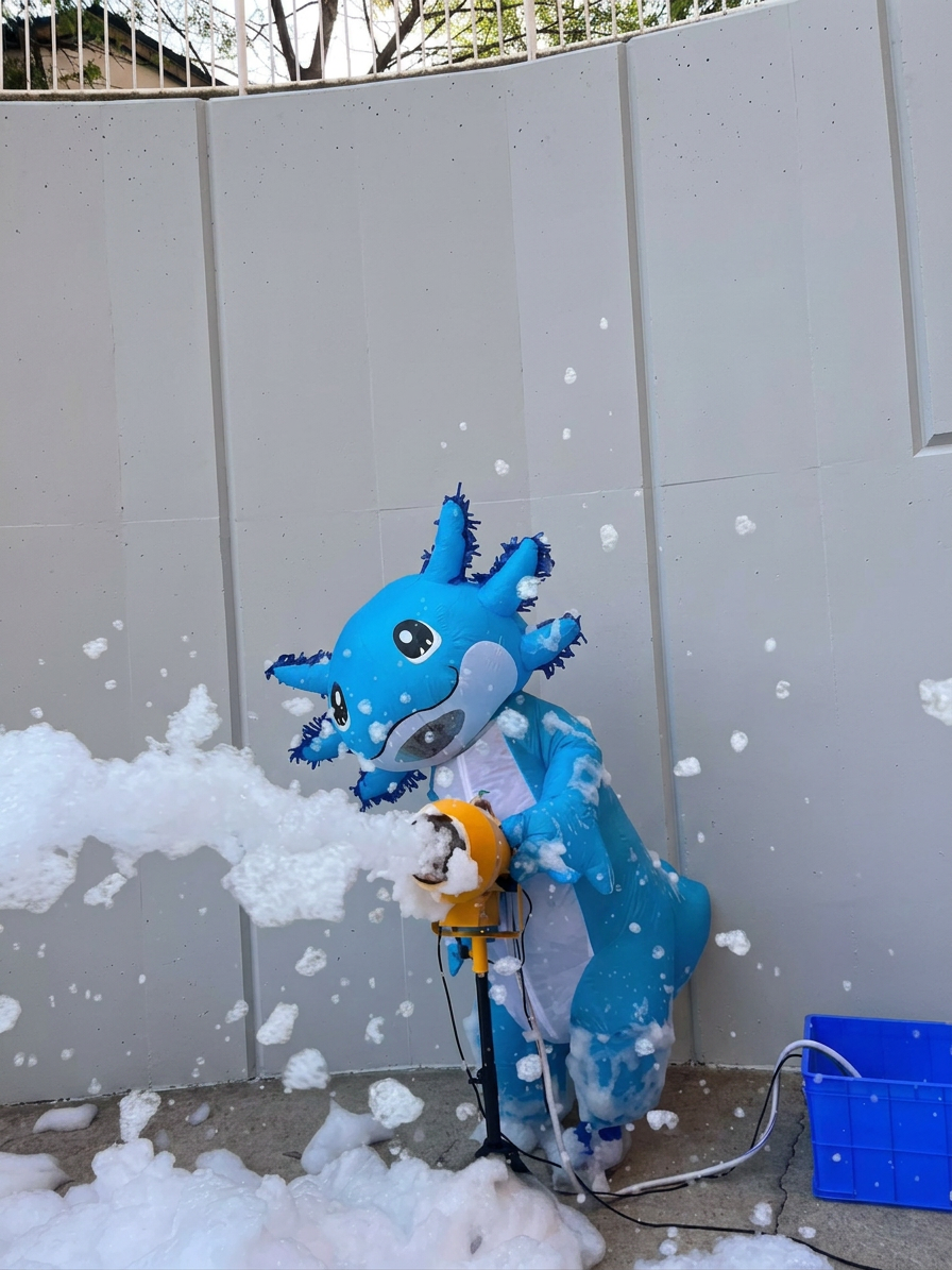 Blue dragon mascot operating the foam cannon
