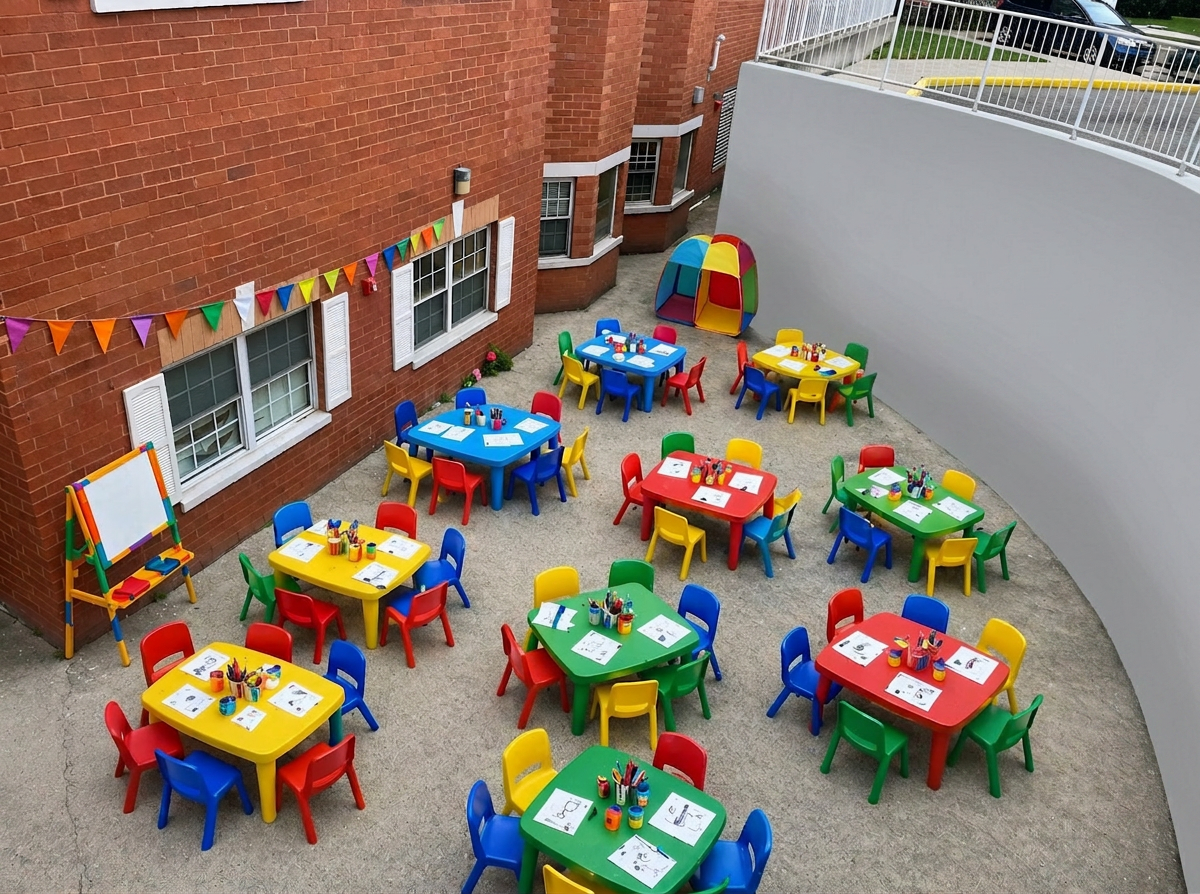 Colorful tables set up before the foam party begins